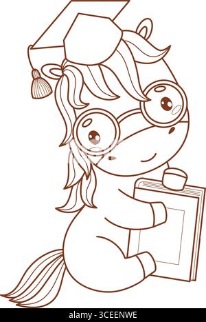 Outline Cute Pony in graduation cap and glasses with book. Funny cartoon kawaii Horse animal. symbol education, learning and school. Line drawing, col Stock Vector