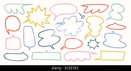 Crayon speech bubble vector set with colorful hand drawn frames, balloons, and doodles in red, blue, yellow, green, and pink. Speech balloon line Stock Vector