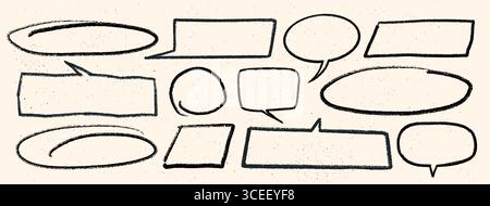 Black crayon speech bubbles and text frames set on beige background. Hand drawn oval, square, and rectangular frames for text in rough chalk textured Stock Vector