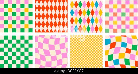 Colorful seamless checker and diamond patterns with retro playful vibe. Bright squares and rhombus shapes on abstract confetti backgrounds. Great for Stock Vector