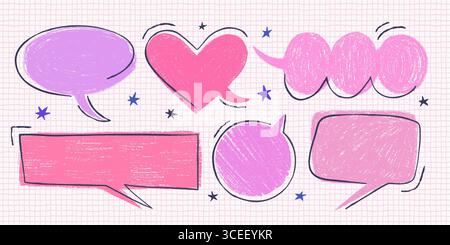 Crayon speech bubble vector set in pink and purple on checkered background with stars. Hand drawn talk and heart elements in cute cartoon style. Use Stock Vector