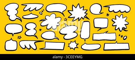 Cartoon speech bubbles set on bright yellow background. Hand drawn vector comic frames with thought, shout, and talk shapes in crayon pencil or chalk Stock Vector