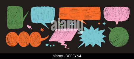 Crayon speech bubble vector set with bold textured shapes in orange, green, blue, and pink on black background. Hand drawn comic style shapes. Great Stock Vector