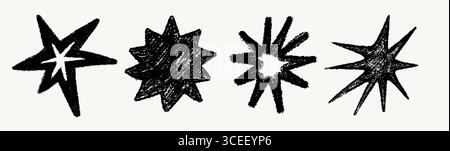Hand drawn crayon star set with chalk pencil texture in different shapes. Textured star doodles with rough sketch style. Perfect for posters, stickers Stock Vector