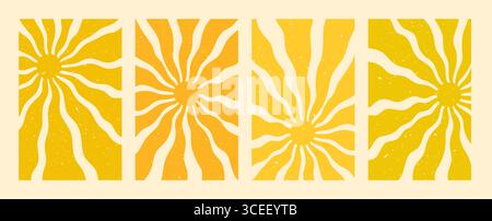 Sun pattern retro backgrounds in warm yellow and orange with groovy abstract wave rays. Vintage summer sunshine design with textured effect. Ideal for Stock Vector