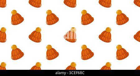 Seamless pattern with orange knitted hats on white background. Autumn and winter hat. Cartoon vector background. Stock Vector