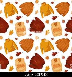 Seamless autumn clothes pattern with fall leaves. Cartoon vector design on white background. Stock Vector