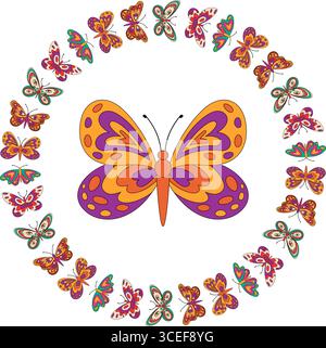 Groovy Retro Butterfly Border Circle Pattern Stock Vector