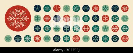 Christmas Snowflake Circle Sticker Set Line Stock Vector