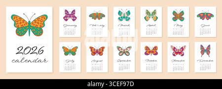 Groovy Retro Butterfly 2026 Year Calendar Stock Vector