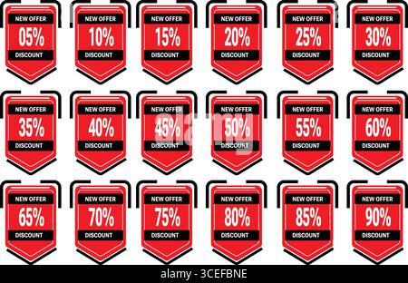 New discount offer badges vector set with percentage labels for ecommerce, sale promotion, and business advertising Stock Vector