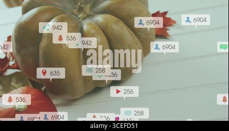 Social media interaction icons image over autumn pumpkins and leaves on white surface Stock Photo