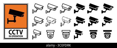 Collection of CCTV camera icons featuring a security sign, ideal for illustrating surveillance systems, enhancing security visuals, and promoting safe Stock Vector