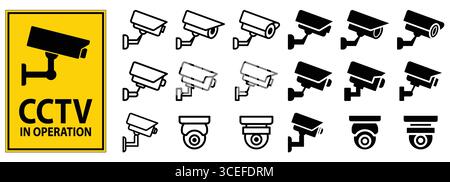 A collection of security camera icons alongside a 'CCTV in Operation' sign, ideal for showcasing surveillance systems and enhancing security visuals. Stock Vector