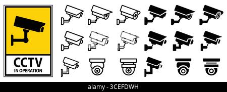 A collection of CCTV camera icons and a warning sign for security monitoring purposes. Ideal for projects related to safety and surveillance systems. Stock Vector