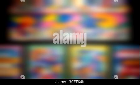 Art exhibition gallery generic background, colourful abstract painting on black background, intentionally blurred post production. Stock Photo