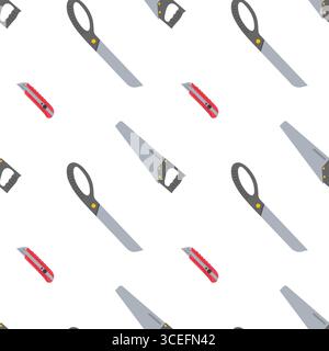 Various hand tools including saws and utility knives displayed in a repeated pattern Stock Vector