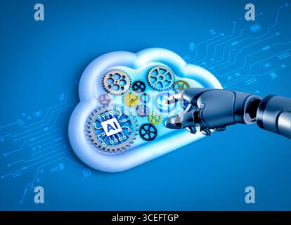 Robotic hand interacting with AI cloud computing system full of gears and circuit elements, symbolizing artificial intelligence, digital transformatio Stock Photo
