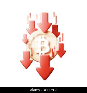 Vector illustration of a bitcoin falling icon with red arrows and halftone texture. Symbol of crypto crash, market decline, and financial loss Stock Vector