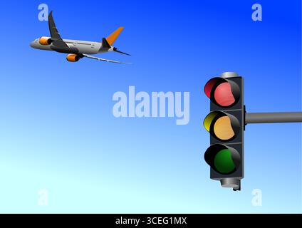 Traffic light on the background of a cloudy sky with plane image. 3d color vector illustration Stock Vector