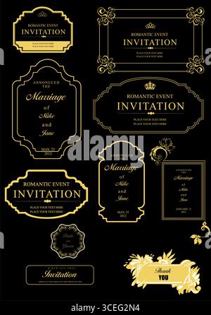 Set of ornate vector frames and ornaments with sample text. Perfect as invitation or announcement. All pieces are separate. Stock Vector