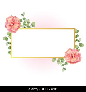 Rosa felicia big pink rose watercolor with gold frame. Cute romantic floral design card template. Arrangement of flowers with leaves background for in Stock Vector