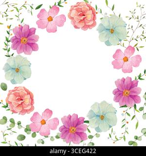Cute garden flowers circle frame. Watercolor floral card template. Feminine cute banner for romantic events, wedding invitation cards. Soft pink Stock Vector