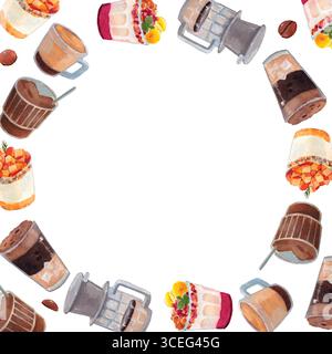 Round watercolor border with coffee cups, drip filters, desserts, smoothies, roasted beans in vivid colors. Great for menu design, cafe branding Stock Vector