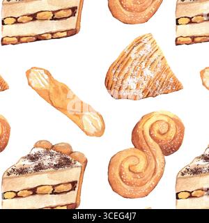 Watercolor Pattern of Italian Pastries – Sfogliatelle, Tiramisu, Cannoli, Pane Siciliano. Shell-shaped layered pastry, dessert with mascarpone, for cu Stock Vector