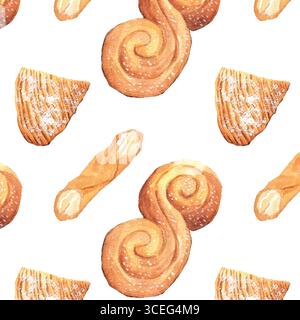 Watercolor Pattern of Sfogliatelle, Cannoli and Pane Siciliano – Rustic Italian Baked Goods. Shell and Tube-shaped pastry with filling, for culinary d Stock Vector
