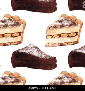 Watercolor Pattern of Tiramisu and Torta Caprese Slices – Classic Italian Cakes.  Cute realistic painting style. Cozy background for bakery branding, Stock Vector