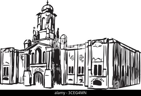 Detailed ink drawing of a classical domed building with ornamental windows and facade. Ideal for educational use, vintage decor, architectural posters Stock Vector