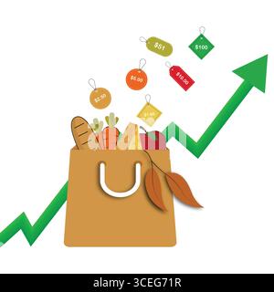 Grocery bag with price tags rising and upward arrow chart Stock Vector