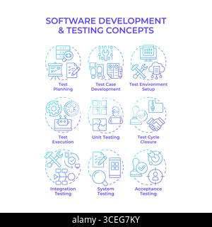 Software development and testing blue gradient concept icons Stock Vector