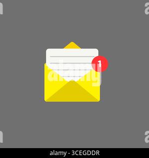 Yellow mail envelope on white bubble. Mail notification with red marker One Message. Delivery of messages, sms. Vector illustration in flat style. Stock Vector
