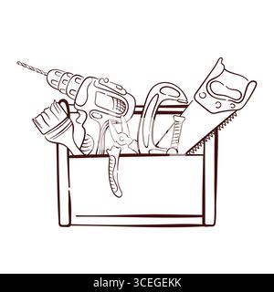 Toolbox with various repair tool including Paint brush, electric drill, Pliers, Carpenter clamp and Handsaw in line art style. Perfect for Stock Vector