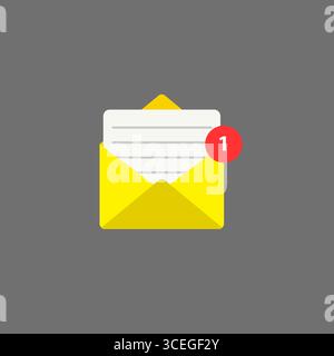 Yellow mail envelope on white bubble. Mail notification with red marker One Message. Delivery of messages, sms. Vector illustration in flat style. Stock Vector