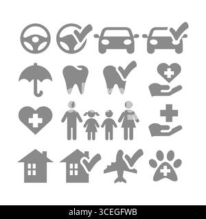 Health, car and home insurance vector icon set. Dental insurance set with umbrella, tooth, medical cross icon. Stock Vector