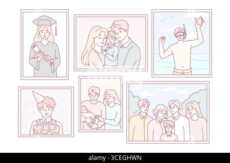 Set of family pictures in frames hanging on wall. Collection of photographs of parents and children during important memorable life moments. Memory in photo. Vector illustration. Stock Vector