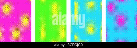 Halftone vibrant comic backgrounds set. Noise grid gradient duotone design cover. Grain glitch pixel overlay. Dots chaotic vertical banner. Vector abs Stock Vector