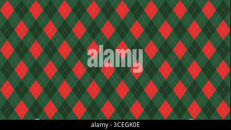 Christmas rhombus seamless pattern. Red and green xmas plaid texture with gold line. Argyle geometric diamond pattern. Christmas abstract design Stock Vector