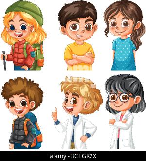 Vector illustration of six cartoon children in diverse outfits, showcasing vibrant colors and playful expressions Stock Vector