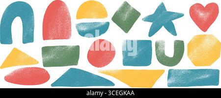 Paint playful linocut rolled geometric shapes with noise set. Text boxes grainy textured frames. Rhombus, heart with arch, octagon grainy scribbles ca Stock Vector