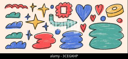 Abstract geometry shapes and text boxes crayon drawn set with line stroke. Naive doodle tag figures. Callouts frames geometric forms elements. Vector Stock Vector