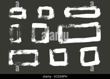 Rectangle shapes brush stroke set. White paint squares frames elements isolated on black background. Grunge textured geometric borders. Rough figures Stock Vector