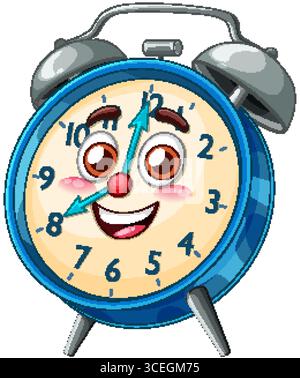 A vibrant vector illustration of a smiling alarm clock with expressive eyes and a playful design Stock Vector