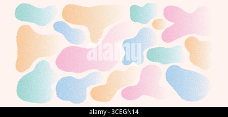 Liquid pastel color noise dotworkk shapes set. Irregular gradient organic figures. Random abstract grain fluids. Uneven kids shape splashes. Wavy blob Stock Vector