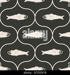 Crayon cute fish ogee seamless pattern. Sardines hand drawn endless background. Nautical damask repeat cover. Sea continuous ornament. Surface pattern Stock Vector