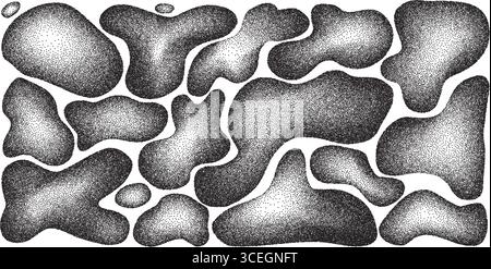 Liquid organic dots shapes set. Irregular bacteria silhouette figures. Abstract grainy noise fluid gradient. Uneven shape splashes. Wavy 3d water drop Stock Vector