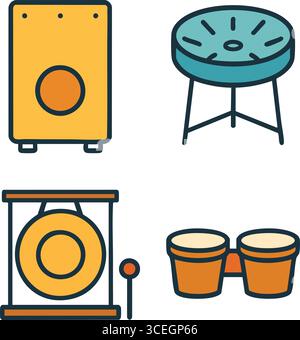 Modern percussion graphic featuring a box drum a steel handpan on a stand paired bongos and a beater. Stock Vector